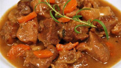 Beef goulash with gravy in a pressure cooker